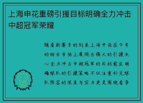 上海申花重磅引援目标明确全力冲击中超冠军荣耀