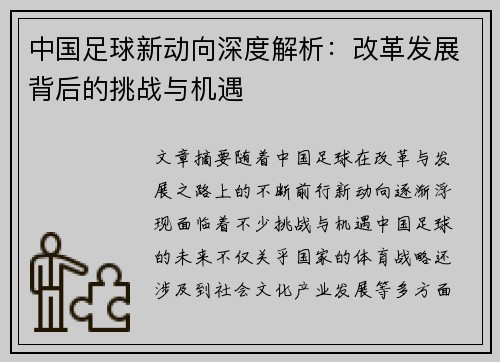 中国足球新动向深度解析:改革发展背后的挑战与机遇