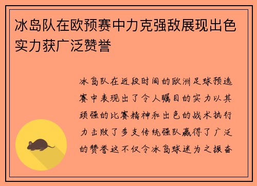 冰岛队在欧预赛中力克强敌展现出色实力获广泛赞誉 冰岛队在欧预赛中力克强敌展现出色实力获广泛赞誉
