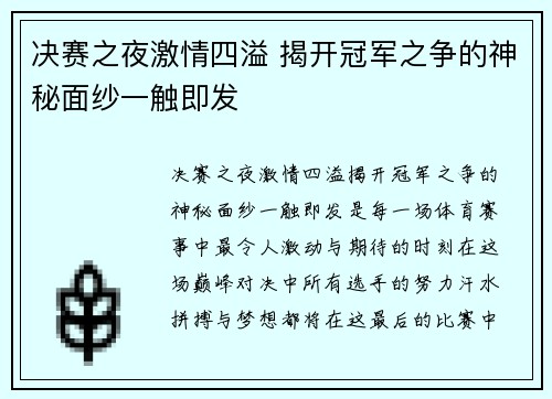 决赛之夜激情四溢 揭开冠军之争的神秘面纱一触即发