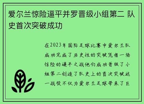 爱尔兰惊险逼平并罗晋级小组第二 队史首次突破成功