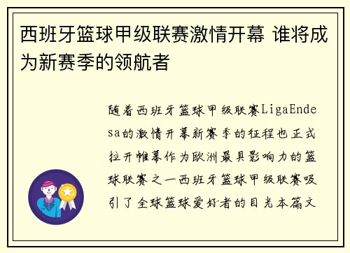 西班牙篮球甲级联赛激情开幕 谁将成为新赛季的领航者